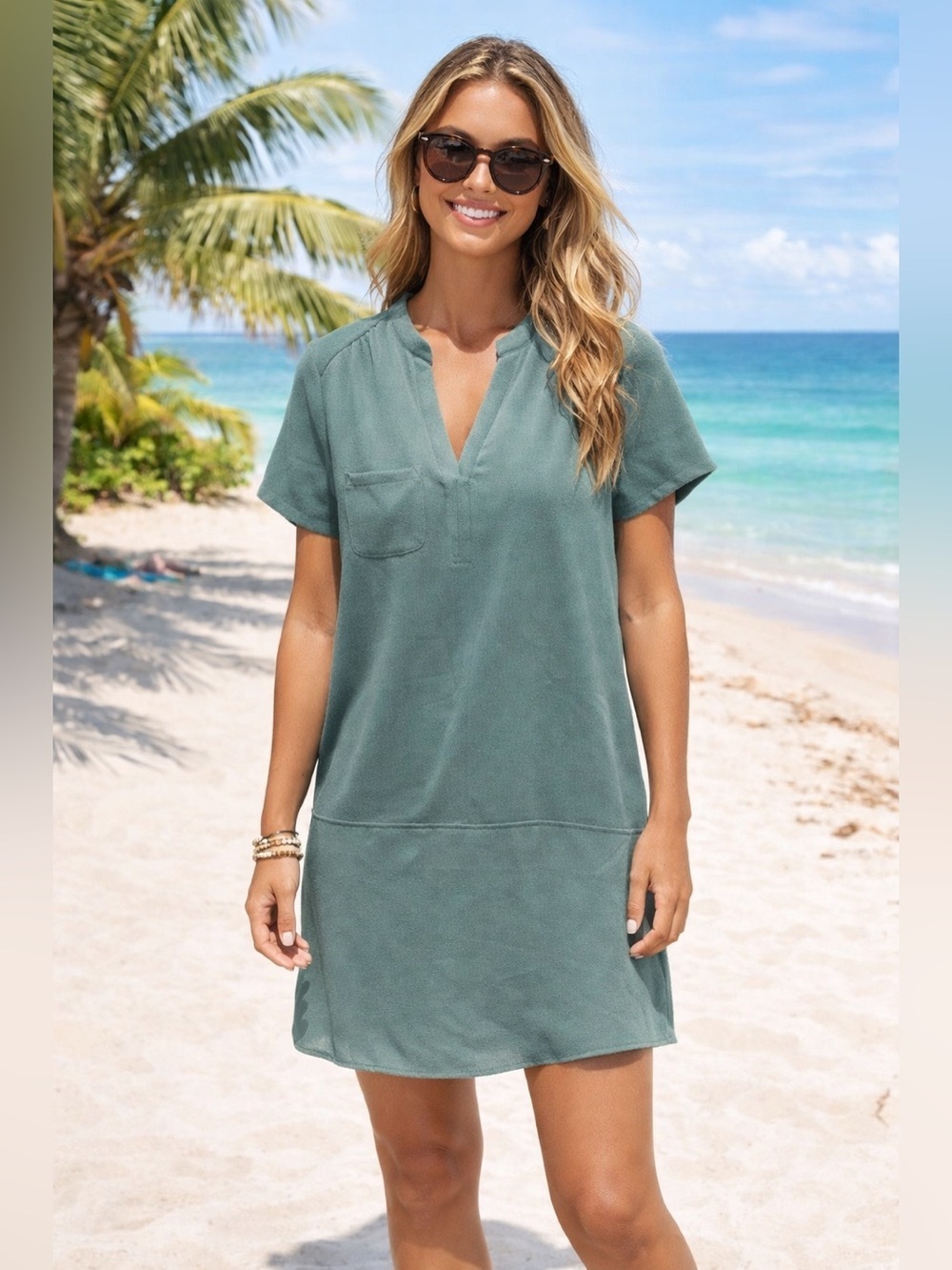 Lush Turquoise V‑Neck Short Sleeve Shift Dress Lightweight vacation